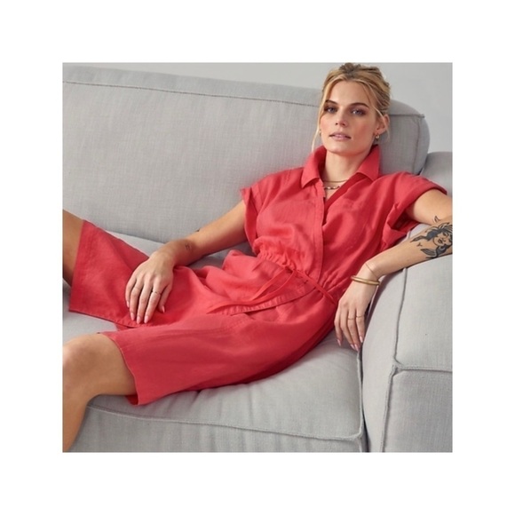 ATHLETA Playa Linen Short Sleeve Tie Waist Mini Wrap Dress Coral Size 10 - Picture 1 of 8